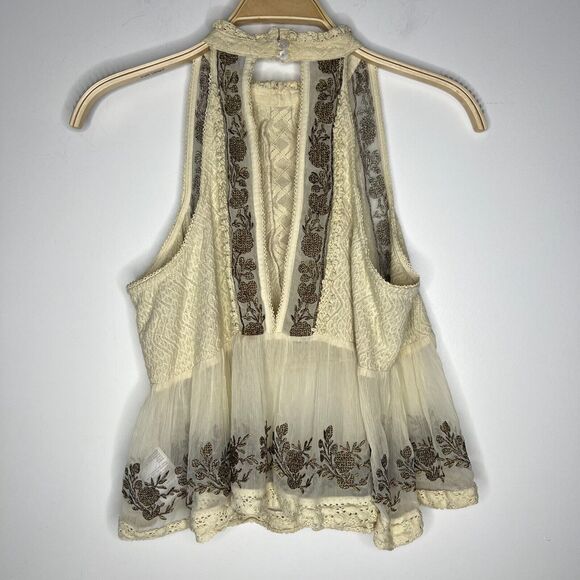 Urban Outfitters Ecote Sz M Peplum Top Ivory‎ Crochet Lace Metallic Embroidery - Picture 2 of 11
